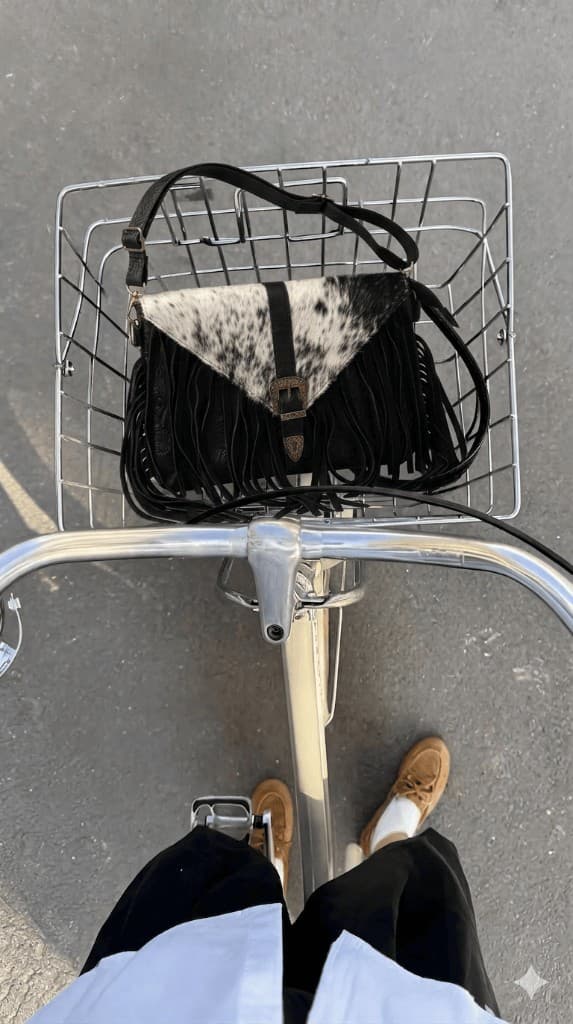 Bolso KMLN de cuero de vaca en canasta de bicicleta